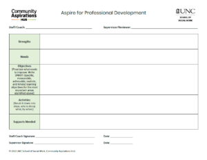 Screenshot of the Aspire for Professional Development Tool, a Word document template used for identifying areas for Aspire fidelity needs and creating a plan for improvement.